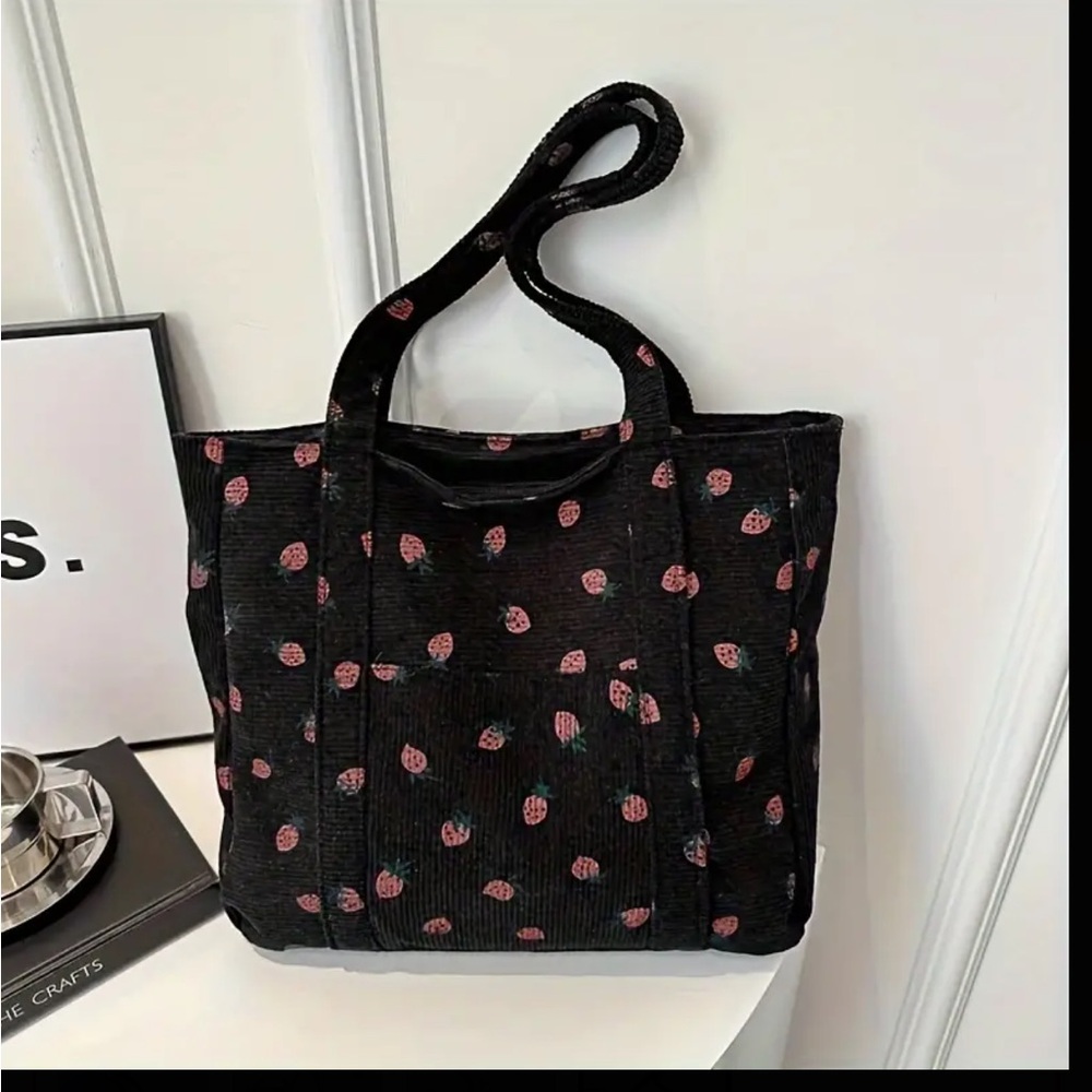 Cute Strawberry Pattern Tote Bag, Large Capacity Corduroy Shoulder Bag